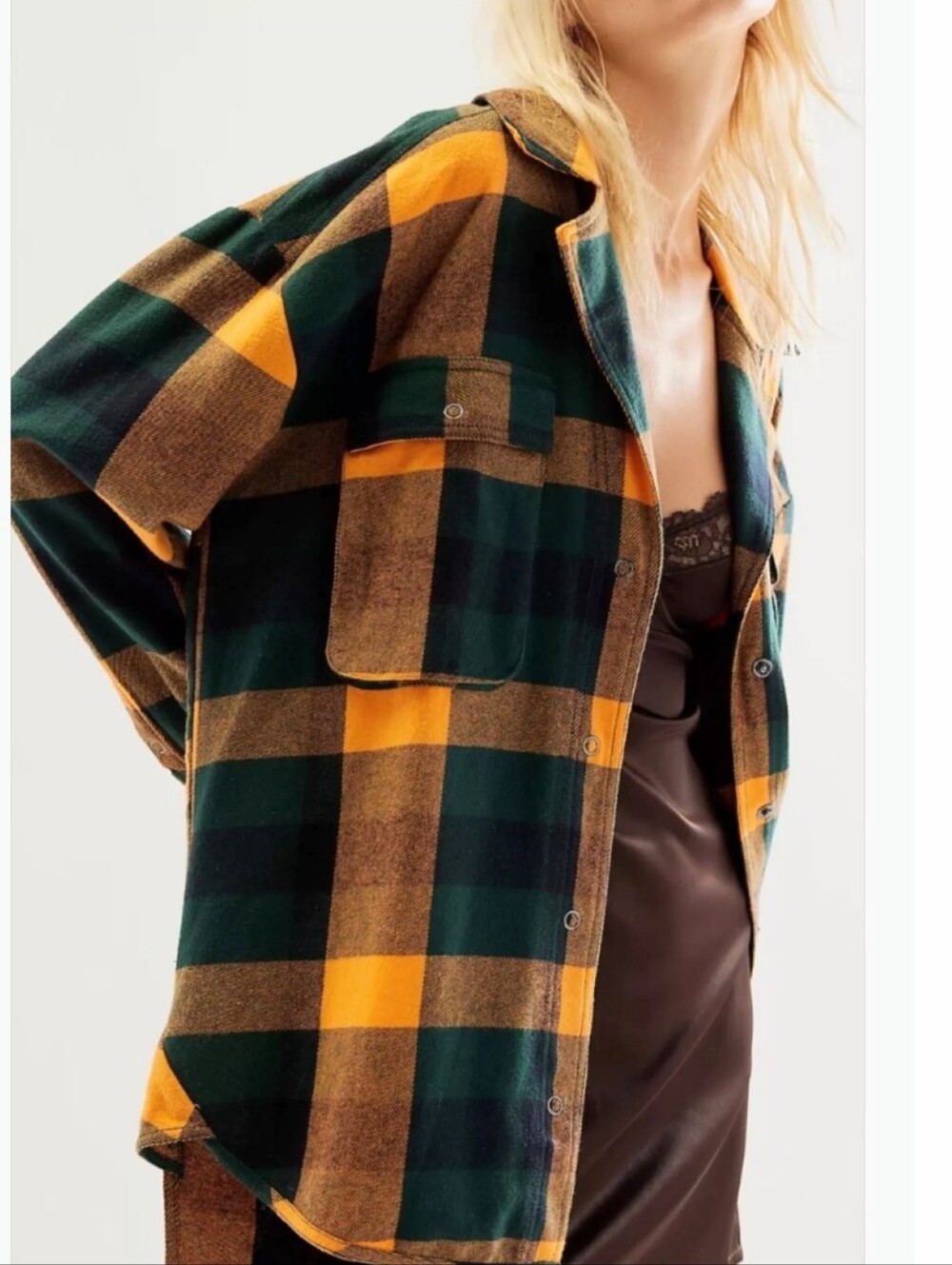 We The Free Izzie Plaid Snap Front Flannel Shacket Forest Green Gold Yellow
